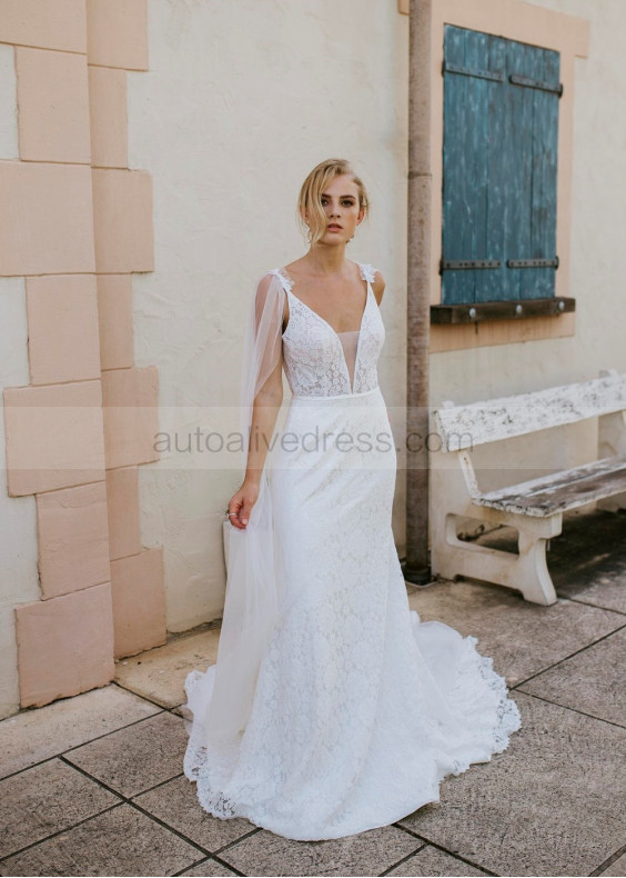 Ivory Full Lace Romantic Wedding Dress With Shoulder Wings